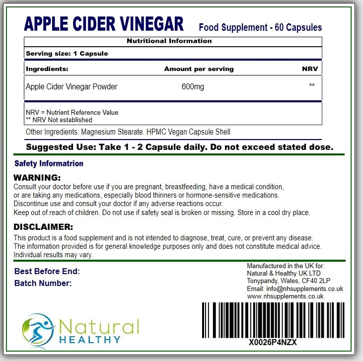 Apple Cider Vinegar Capsules 600mg – 90 Vegan Capsules