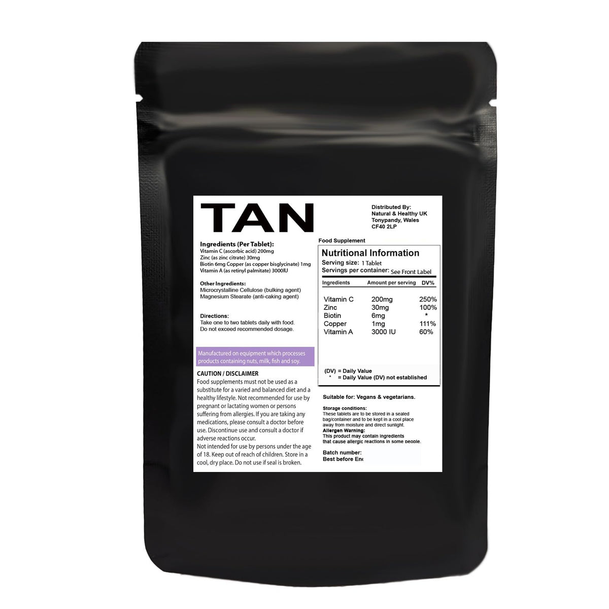 Tanning Tablets with Vitamin C, Zinc & Biotin – 60 Tablets